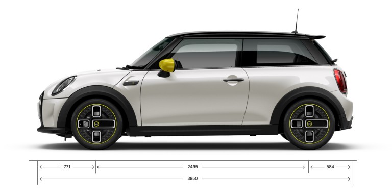 MINI Cooper SE de 3 puertas – vista lateral – dimensiones