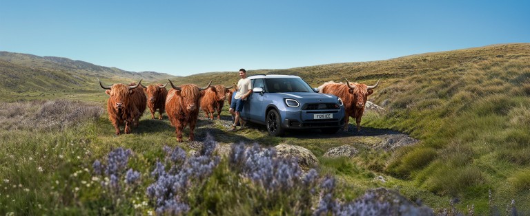 Un hombre sentado en un MINI mirando su teléfono
